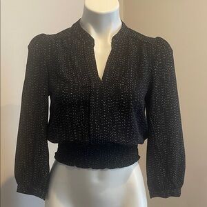 Black Polka Dot Long-Sleeve Smocked Waist Blouse